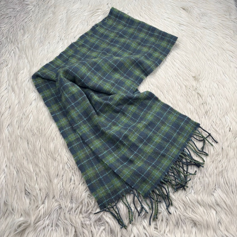 Fox Ford 100% Lambswool Fringe Edge Plaid Scarf Green Blue Made in Scotland